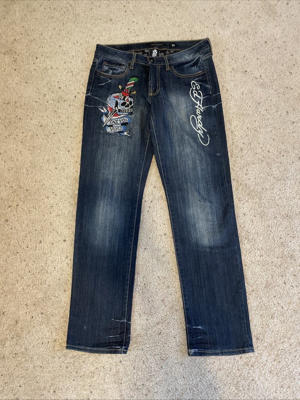 Y2K Ed Hardy Christian Audigier Denim Jeans 10 Cross Missy Skull Tattoo You VTG